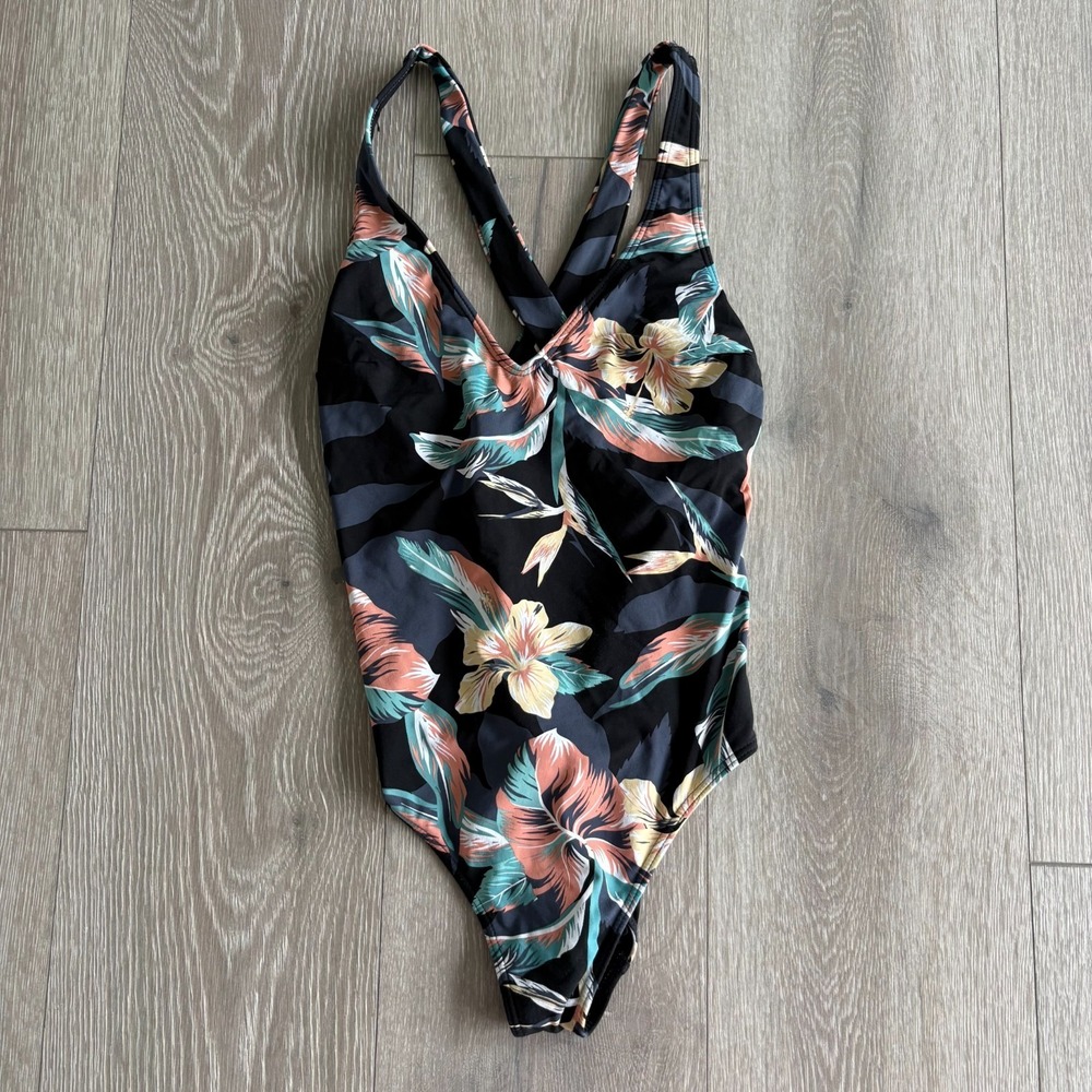 Roxy Womens Black Beach Classic Floral Tropical One Piece Swimsuit Size XS